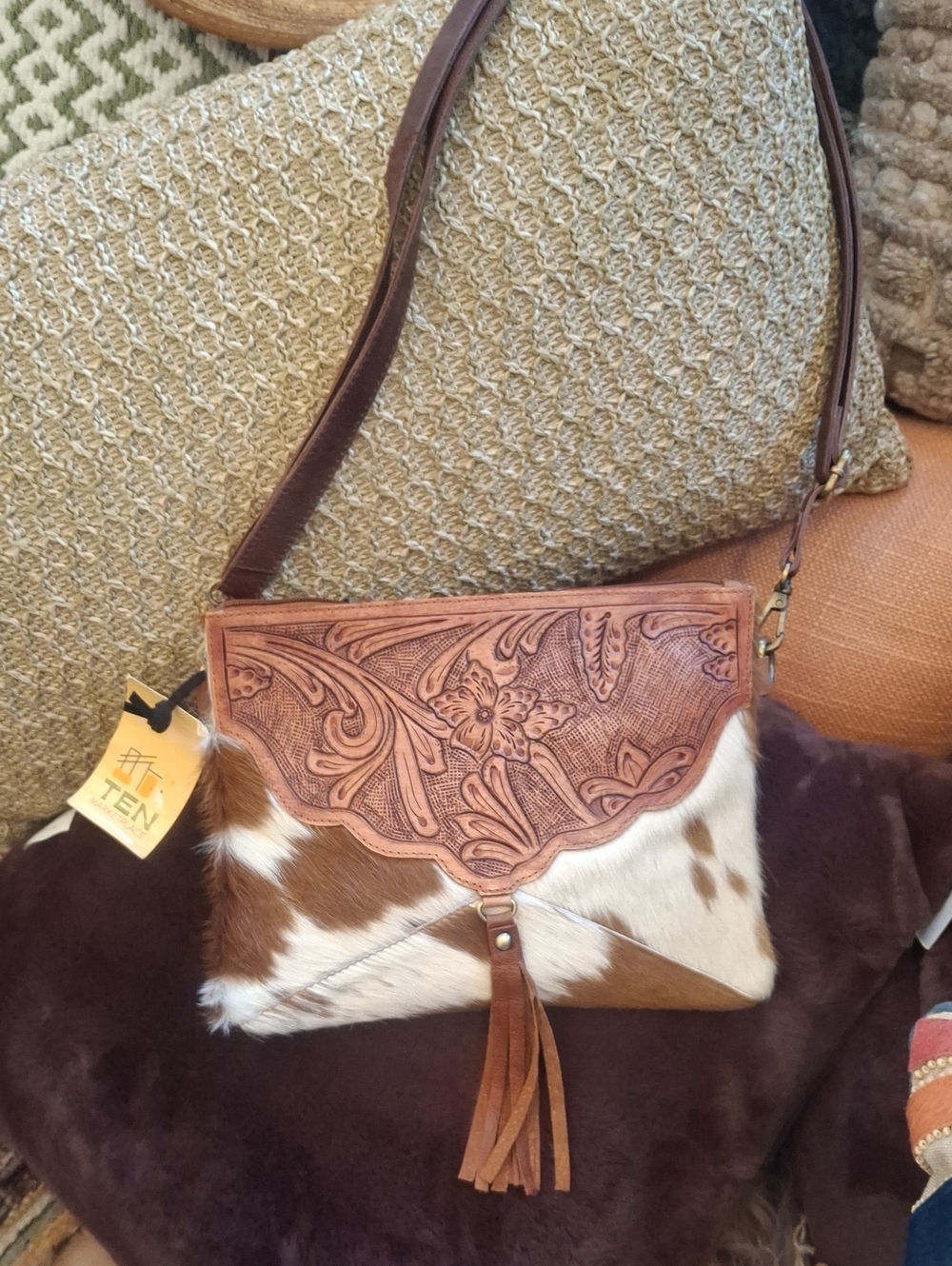 Tooled Leather & Cowhide Crossbody Bag in Brown and White By Countryside Co